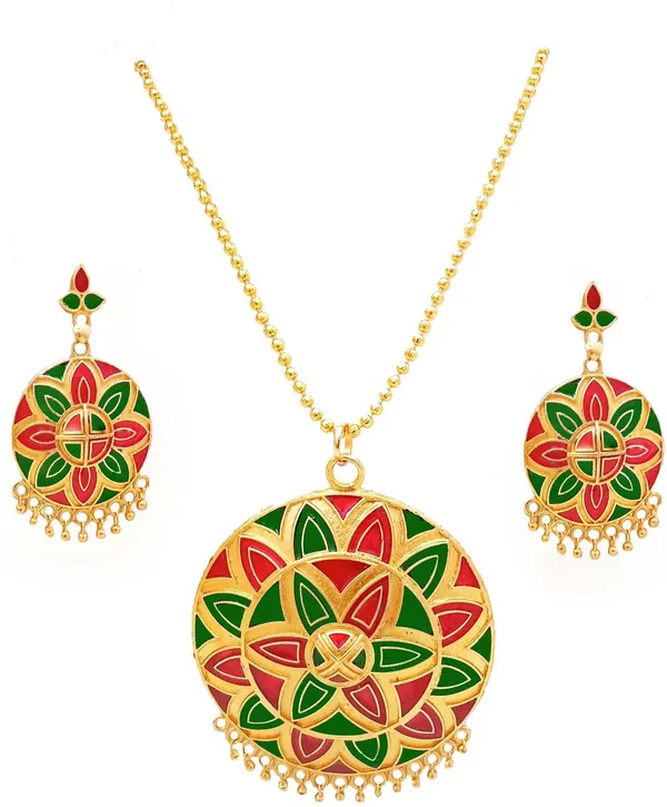 Assamese_Traditional_Gold_Plated_Red_Green_Colour_Japi_Chain_Jewellery_Set_For_Women_&_Girls